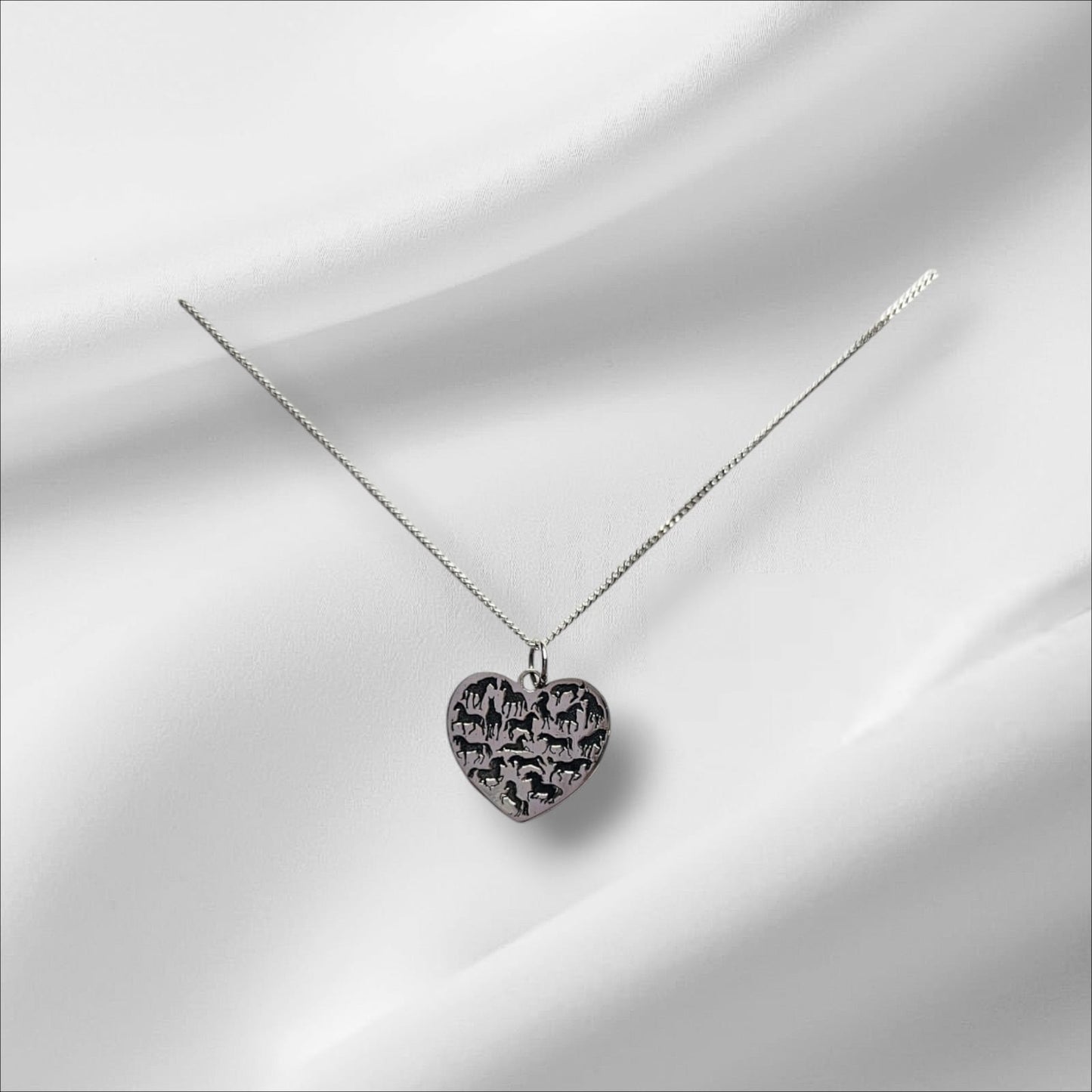 Argentium Silver Large Heart Pendant with Multiple Horses Engraved and Sterling Silver Chain
