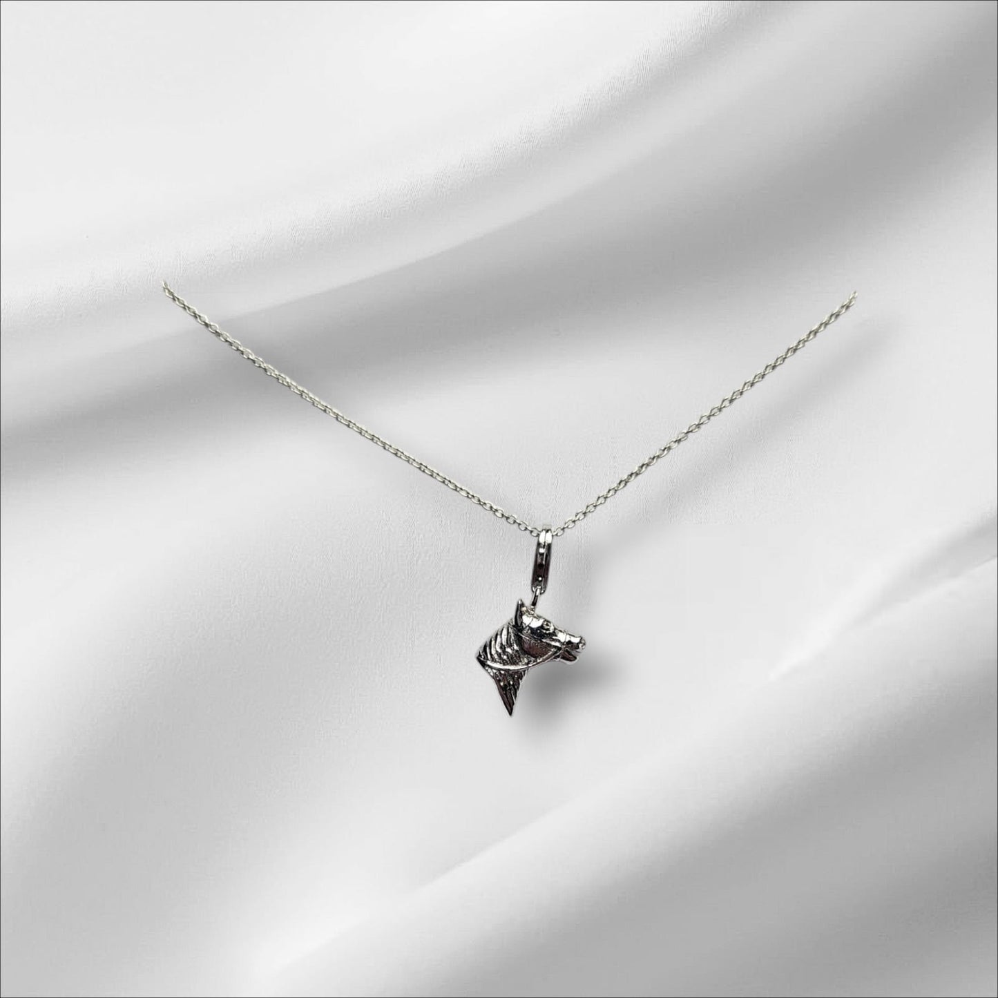 Solid Argentium Silver 3D Horse Head Pendant with Bridle and Sterling Silver Chain