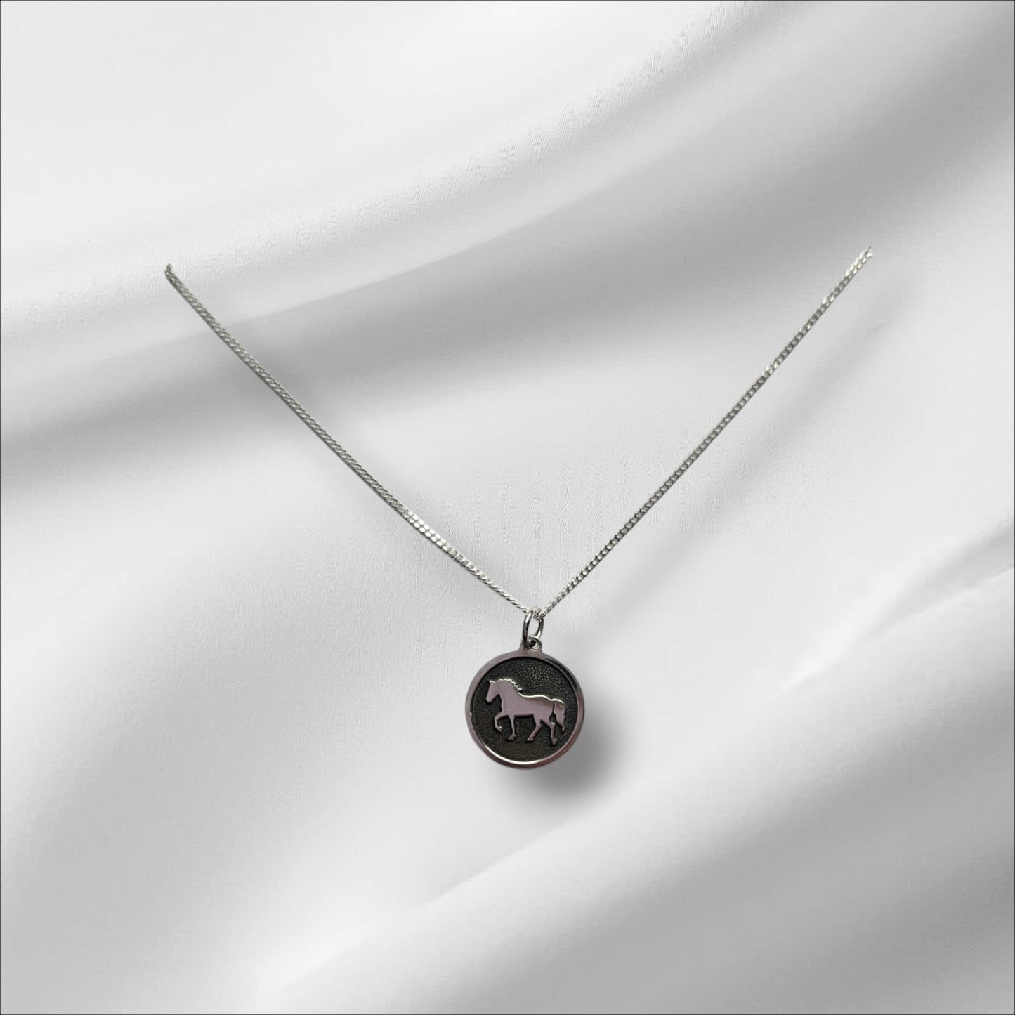 Round Argentium Silver Pendant with Embossed Walking Horse and Sterling Silver Chain