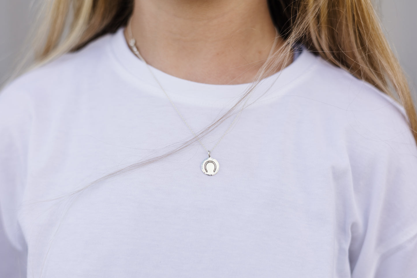 Argentium Silver Hammered Round Disk Pendant with Horseshoe Engraved and Sterling Silver Chain