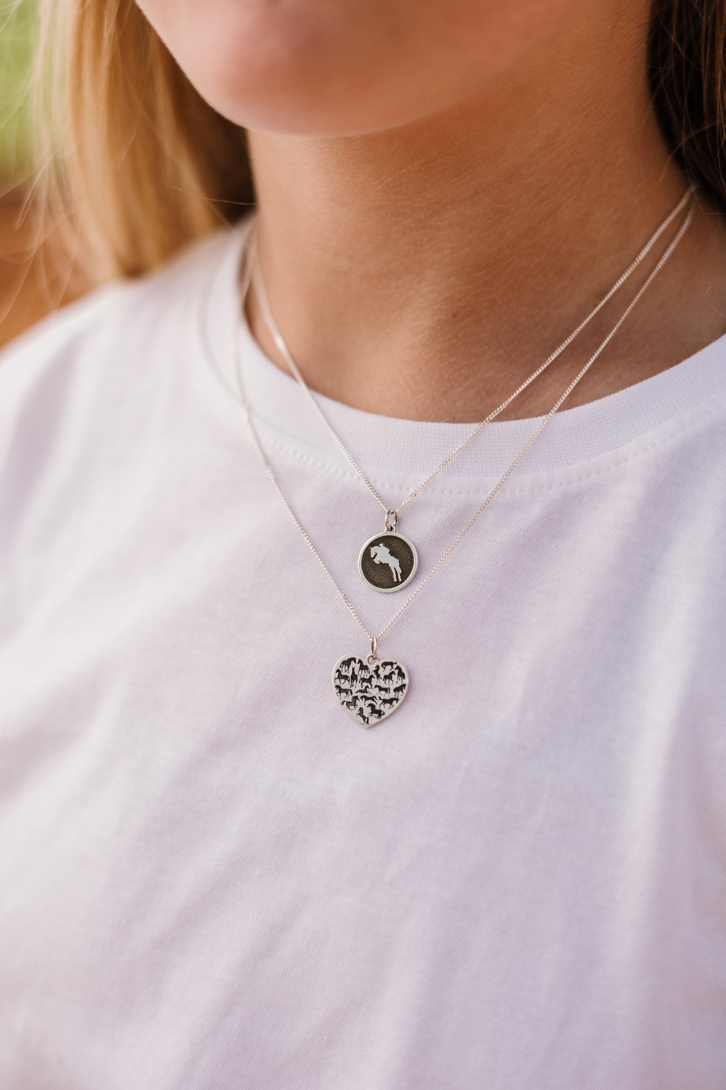 Argentium Silver Round Pendant with Jumping Horse Embosse and Sterling Silver Chain