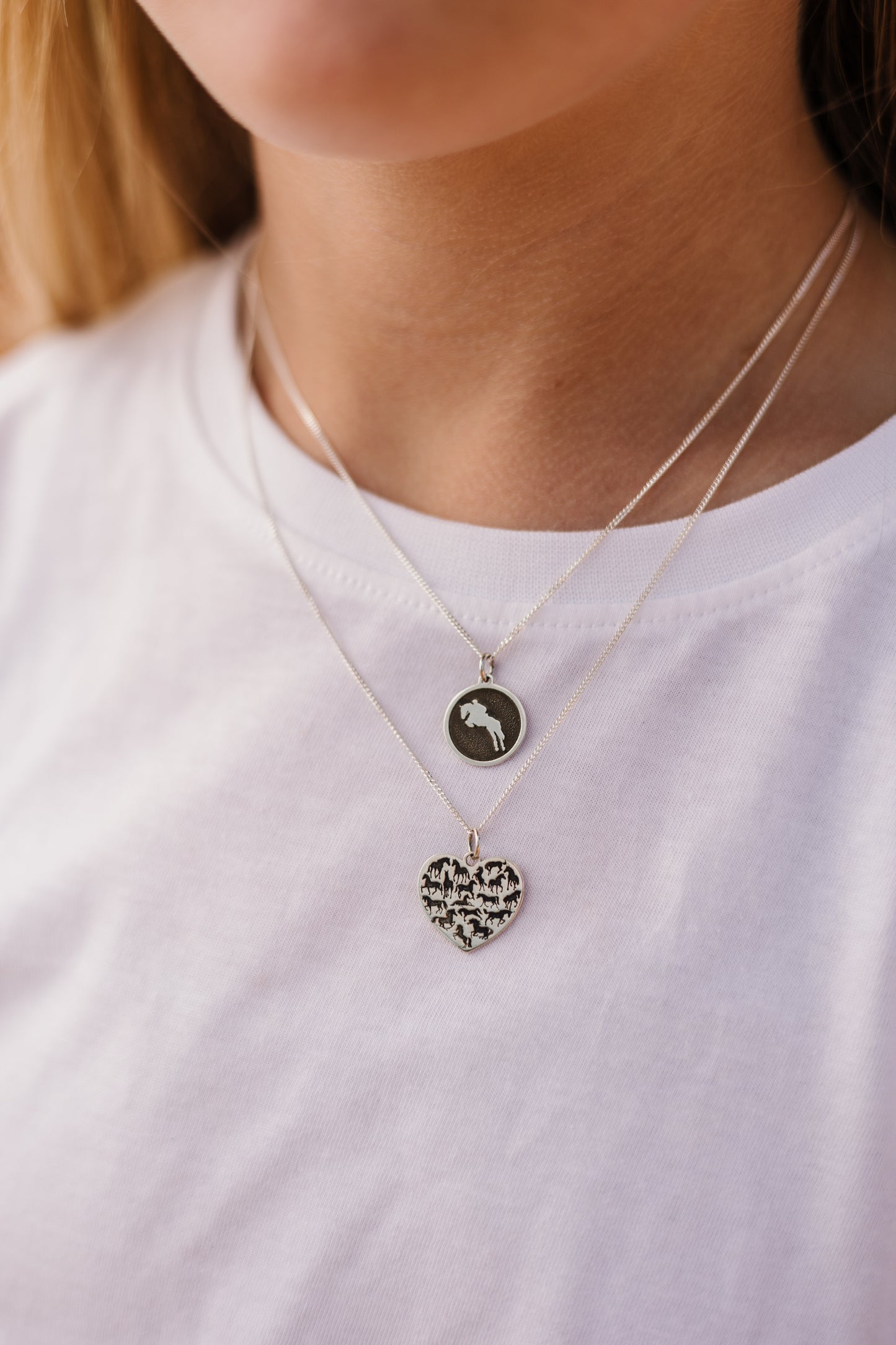 Argentium Silver Large Heart Pendant with Multiple Horses Engraved and Sterling Silver Chain