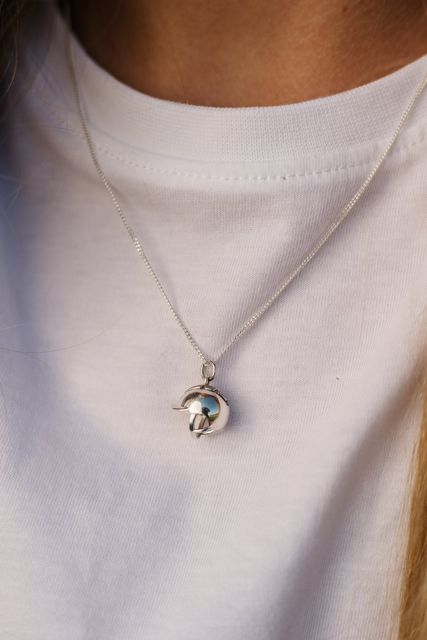 Argentium Silver Solid 3D Cast Helmet Pendant with Intricate Design on Sterling Silver Chain