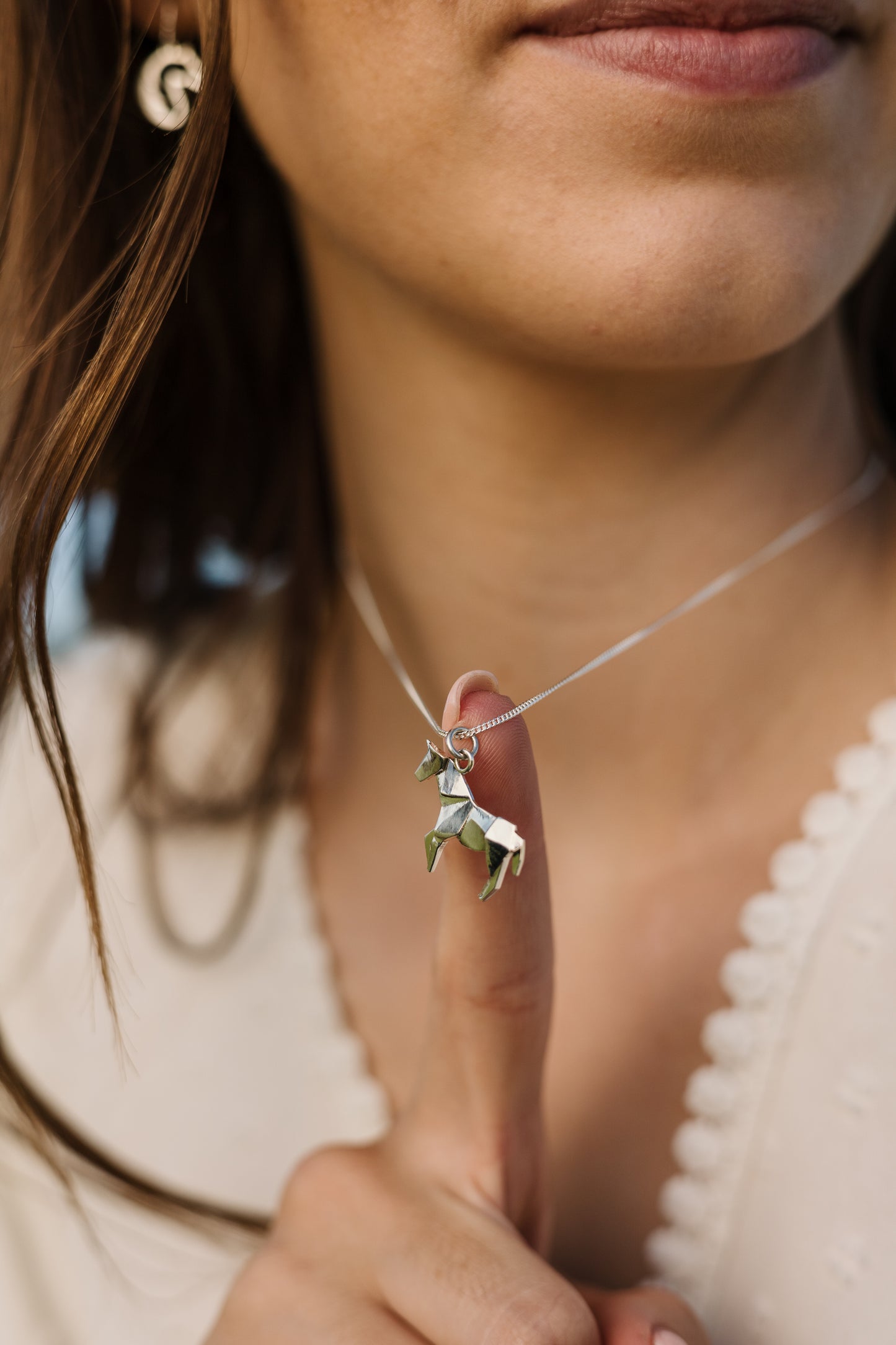 Solid Cast Argentium Silver Origami Horse Pendant (Large) with Sterling Silver Chain