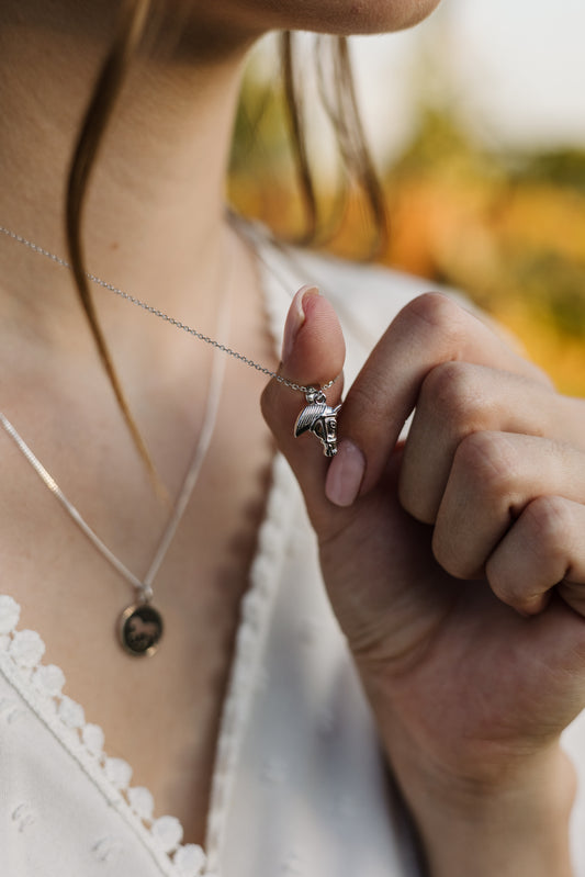 Solid Argentium Silver 3D Horse Head Pendant with Sterling Silver Chain