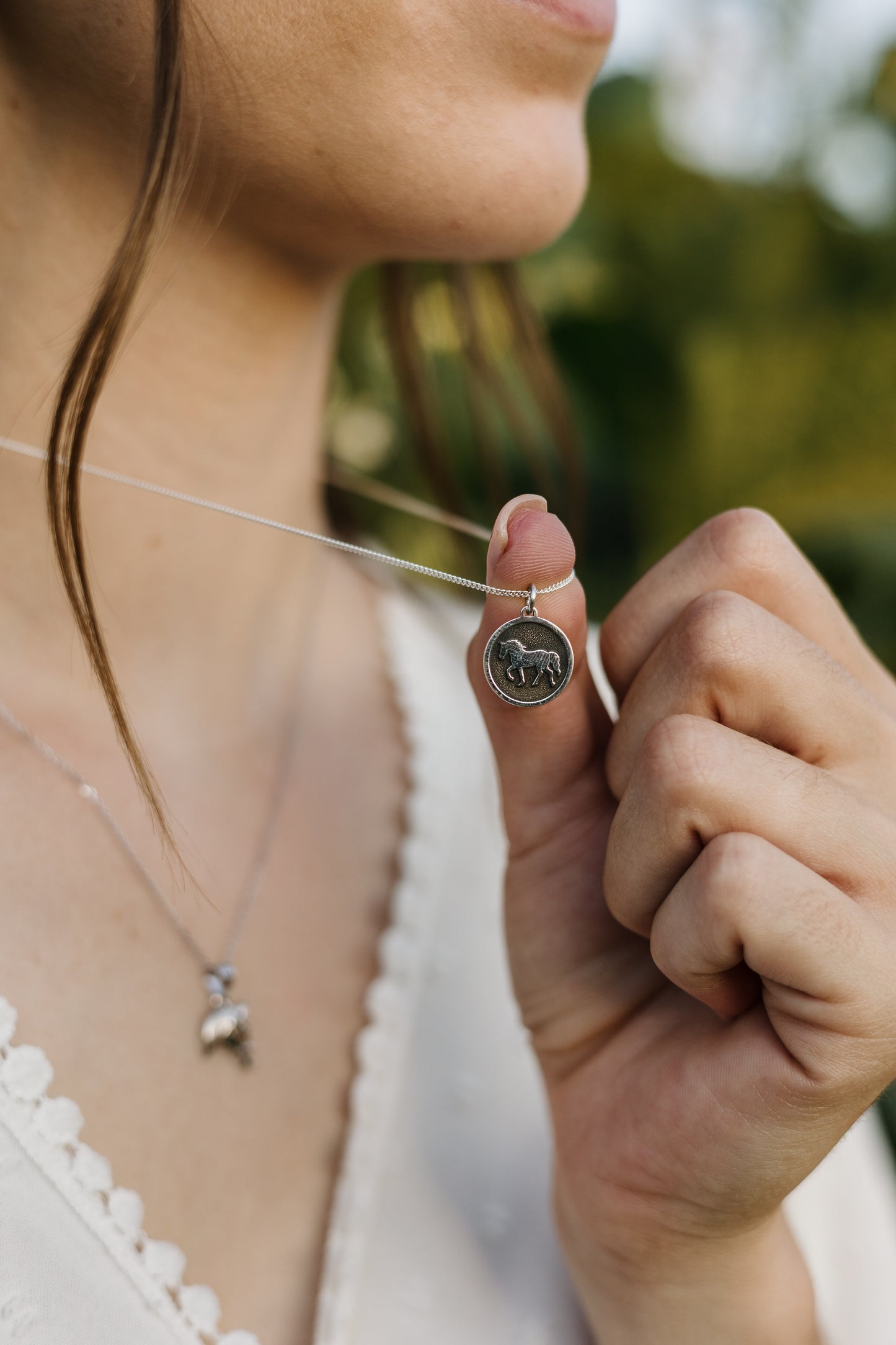 Round Argentium Silver Pendant with Embossed Walking Horse and Sterling Silver Chain